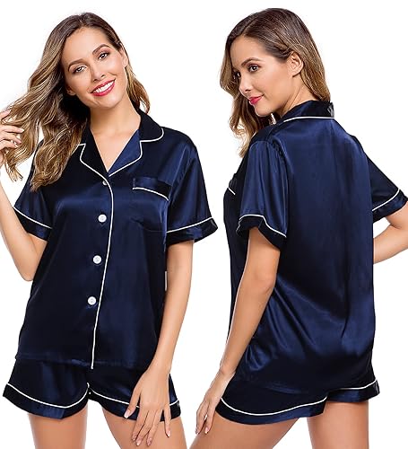 LecGee Womens Silk Satin Pajamas Short Sleeve Loungewear Two-Piece Sleepwear Button-Down Pj Set - Medium - Deep Navy Blue-03