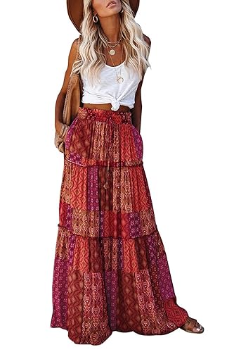 Punude Women's 2024 Summer Skirt High Waist Flowy A Line Boho Skirt Maxi Skirt with Pockets - Medium - Red