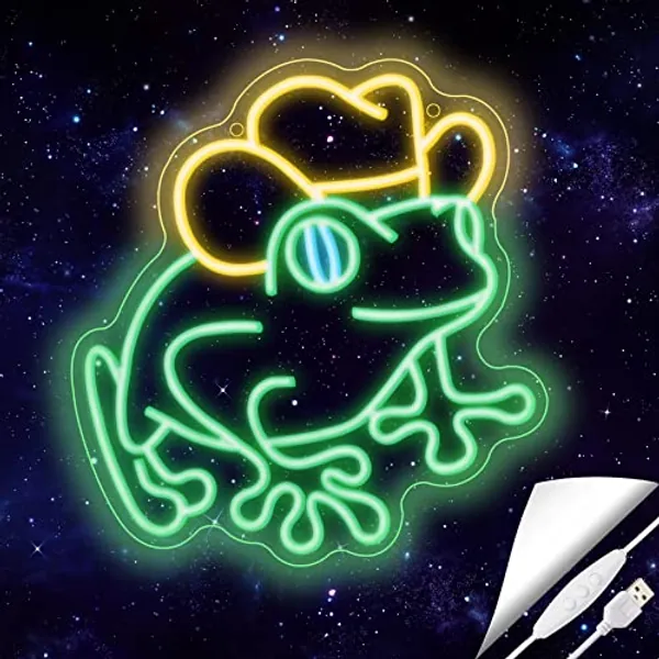 Cowboy Frog Neon Sign for Wall Decor Frog with Cowboy Hat Led Neon Light for Kids Room Man Cave Bar Store Home Party Art Decor Gifts, Golden & Green, Dimmable & USB Powered, 12.6" x 13.5"