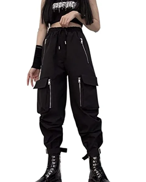 XKBHYD Womens Multi Zip Cargo Pants Multi Pocket Jogging Sweatpants High Waist Black Trousers