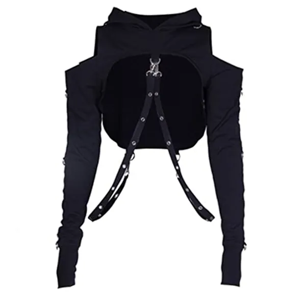 TOMETO STAR Women Gothic Punk Hoodies Bandage Crop Tops Long Sleeve Pullover Sweatshirt for Rave Festivals Streetwear