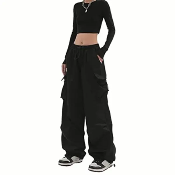 BXCNCKD Women's Retro Pocket Cargo Pants Multi Pocket Casual Trousers Wide Leg Cargo Pants Gothic Street Slacks