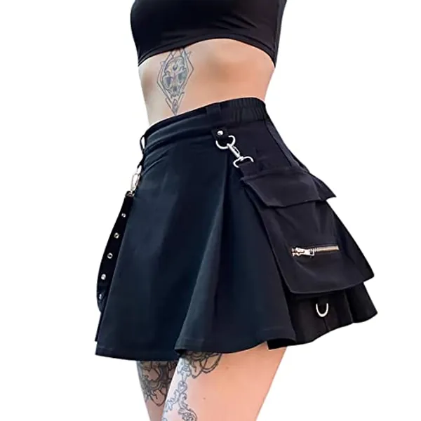 Ruolai Goth Black Pleated Mini Skirt with Chain High Waisted Tennis Skirt
