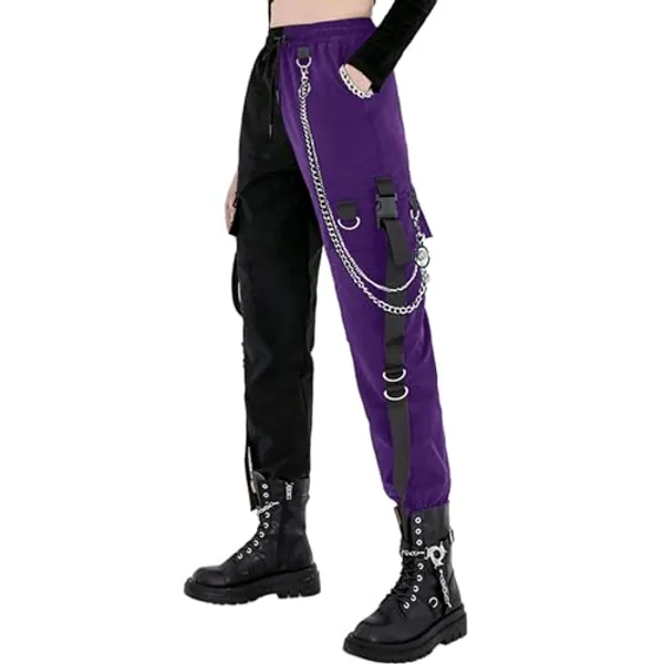 MEINVQIAOTI Black Cargo Pants for Women Techwear Women Loose Street Rock Style Casual Black Pants with Chain Goth Pants