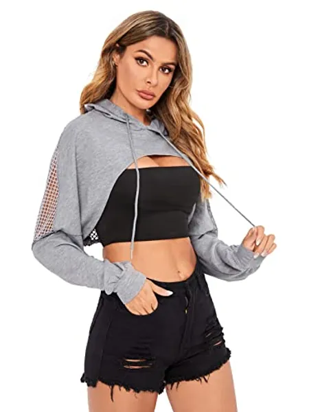 Verdusa Women's Sheer Fishnet Drop Shoulder Drawstring Hoodie Crop Sweatshirt Grey XS