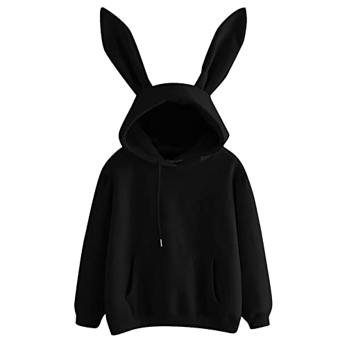 Bunny Hoodie Bunny Ear Solid Kawaii Hoodie with Ears Bunny Hoodie with Ears Long Sleeve Animal Hoodies for Teens Cute - Large - Black