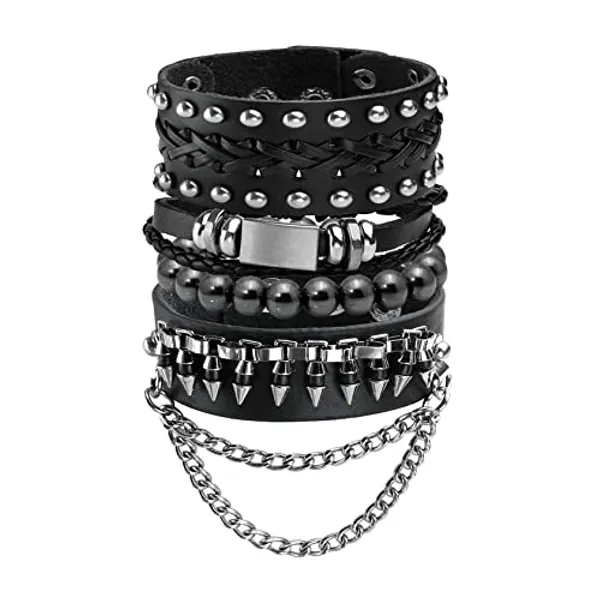 Eigso Punk Leather Studded Bracelets for Men Women Classic Retro 80s Spikes Rivets Cuff Wristbands for Man Woman