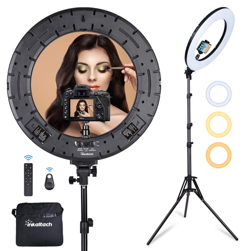 Inkeltech Ring Light - 18 inch 60 W Dimmable LED Ring Light Kit with Stand - Adjustable 3000-6000 K Color Temperature Lighting for Vlog, Makeup, YouTube, Camera, Photo, Video - Control with Remote - 18-inch Black