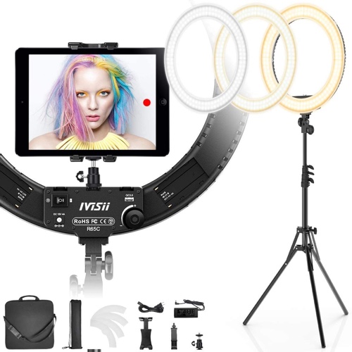 IVISII 19 inch Ring Light with Stand and Phone Holder,60W Bi-Color or for Live Stream/Makeup/YouTube Video/TikTok/Zoom/Photography - Black
