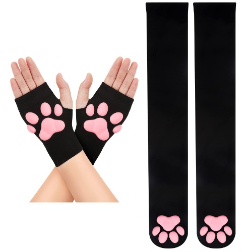 Cat Claw Pad Stockings 3D Kitten Claw Thigh High Socks and Gloves Pink Cute Halloween Cat Cosplay Silicone Claw Dress Up for Girls Women Halloween Xmas Easter Holiday Party Daily Dress (Black and Pink)