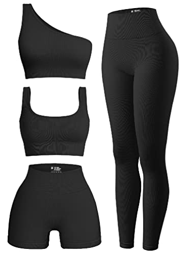 OQQ Women's 4 Piece Outfits Ribbed Exercise Scoop Neck Sports Bra One Shoulder Tops High Waist Shorts Leggings Active Set - Small - Black