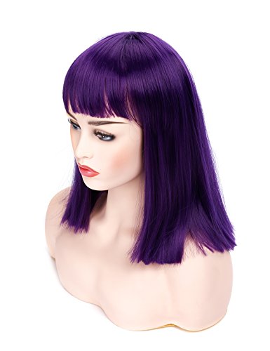 Morvally Short Straight Bob Wig with Flat Bangs Natural Looking Heat Resistant Hair Cosplay Costume Wigs (14 inches Dark Purple) - Purple
