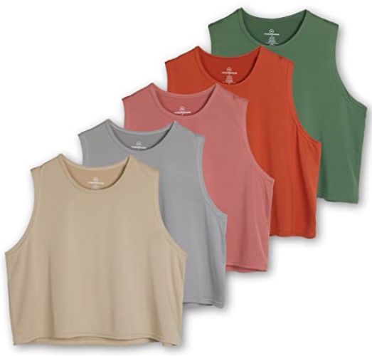 Real Essentials 5 Pack: Women's Dry Fit Crop Summer Tank Top - Gym Yoga Workout Sports Tee (Available in Plus Size) - Standard - XX-Large - Set 9