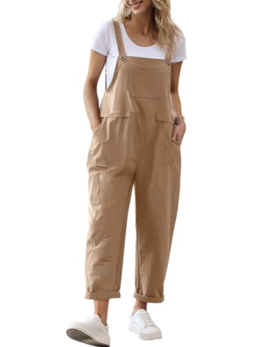 YESNO Women Long Casual Loose Bib Pants Overalls Baggy Rompers Jumpsuits with Pockets - XX-Large - Camel