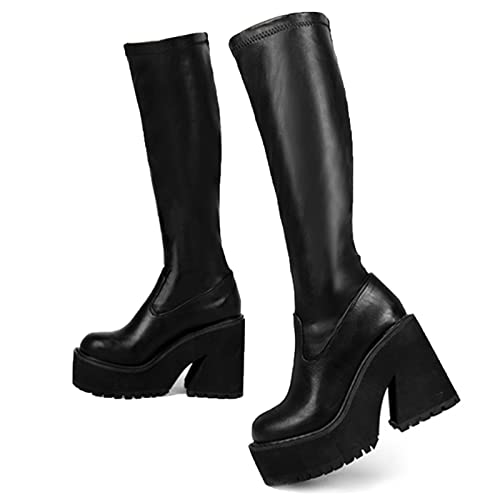 AMINUGAL Womens Elastic Knee High Boots Platform Chunky Block High Heel Sock Boots Zipper Round Toe Fashion Motorcycle Combat Punk Boots For Women - 9.5 - A-black