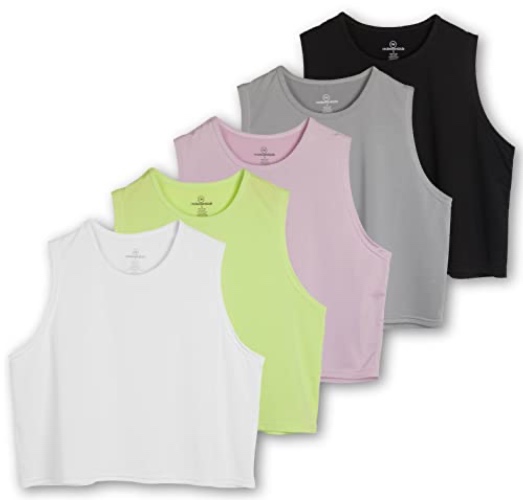 Real Essentials 5 Pack: Women's Dry Fit Crop Summer Tank Top - Gym Yoga Workout Sports Tee (Available in Plus Size) - Standard - XX-Large - Set 5