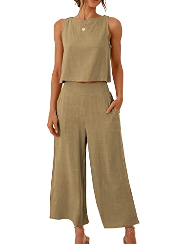 ANRABESS Women's Summer 2 Piece Outfits Sleeveless Crop Top Capri Wide Leg Pants Jumpsuit Linen Lounge Beach Travel Sets - Khaki - XX-Large