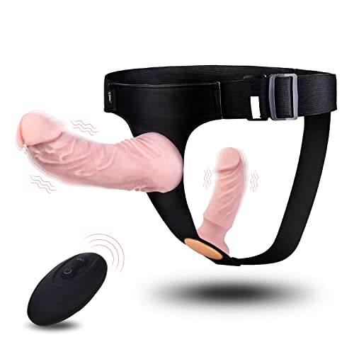 Harness Strap-On Vibration Realistic Dildos with 10 Strong Modes 2 Dildos Silicone Anal G-spot Stimulation Adjustable Strapless Sex Toys for Female Couple Lesbian | Remote Control - 2 Removable Dildos