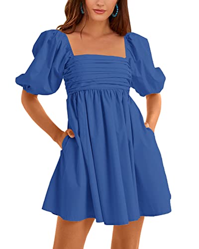 Ebifin Womens Square Neck Dresses Half Puff Sleeve High Waist A-Line Casual Backless Smocked Short Babydoll Mini Dress - XX-Large - 1-blue