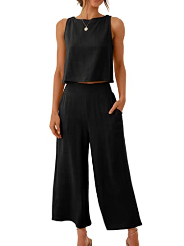 ANRABESS Women's Summer 2 Piece Outfits Sleeveless Crop Top Capri Wide Leg Pants Jumpsuit Linen Lounge Beach Travel Sets - Black - XX-Large