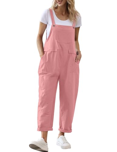YESNO Women Long Casual Loose Bib Pants Overalls Baggy Rompers Jumpsuits with Pockets - XX-Large - Pink