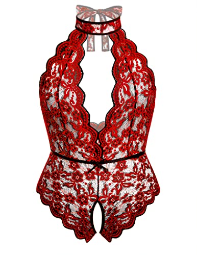 Avidlove Plus Size Lingerie for Women Lace Bodysuit Halter Teddy Babydoll Nightgown 16-24 Plus - 20 Plus - Black&red1