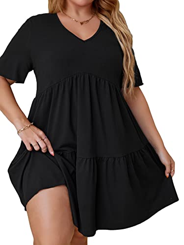 SOLY HUX Women's Plus Size V Neck Short Sleeve A Line Ruffle Hem Babydoll Flowy Dress - XX-Large Plus - Black