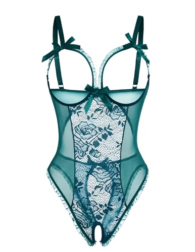 Avidlove Women One Piece Lingerie Sexy Lace Babydoll Mini Bodysuit - XX-Large - Blue Green