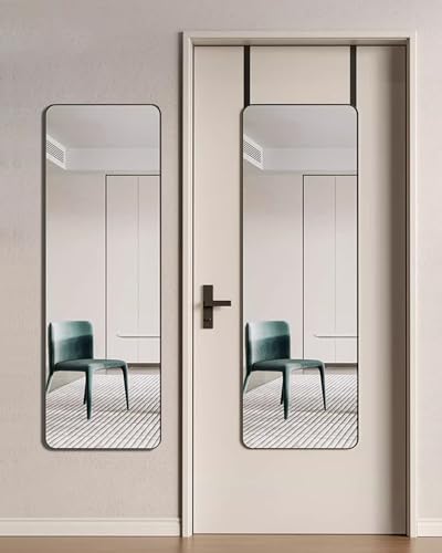 BEVERDY Full Length Mirror, Door Mirror, Over The Door Mirror Full Length, 14"x 48" Door Hanging, Rounded Corner, Wall Mirror, Full Body Mirror, Black - Black