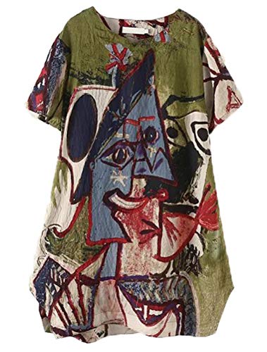FTCayanz Women's Casual Midi Dresses Short Sleeve Loose Print T Shirt Dress with Pockets - XX-Large - Green