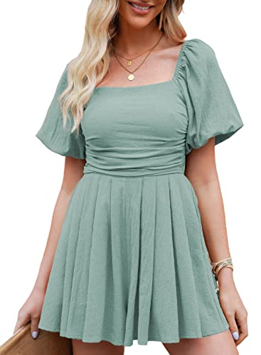 AlvaQ Women's Rompers Cute Puff Sleeve Elastic Summer Square Neck Casual Spring Mini Short Romper Jumpsuits - XX-Large - A Green