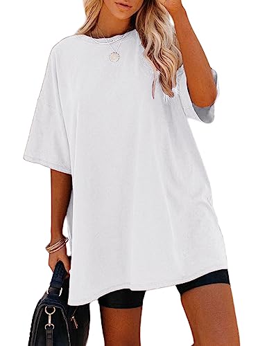 Remidoo Women's Oversized T Shirt Crewneck Solid Short Sleeve Baggy Cotton Tees - XX-Large - White