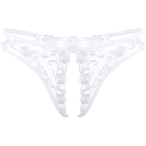 YiZYiF Calzoncillos Transparentes Sexy para Mujer Ropa Interior de Lencería con Cintura Baja Bragas sin Entrepierna Tanga Bordado de Flores - Talla única - Blanco