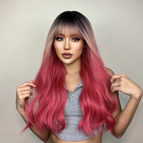 HAIRCUBE pelucas sintéticas onduladas largas Ombre mezcla de raíz negra degradado rosa a rojo pelucas Light Bangs Cosplay pelucas de fiesta para mujeres
