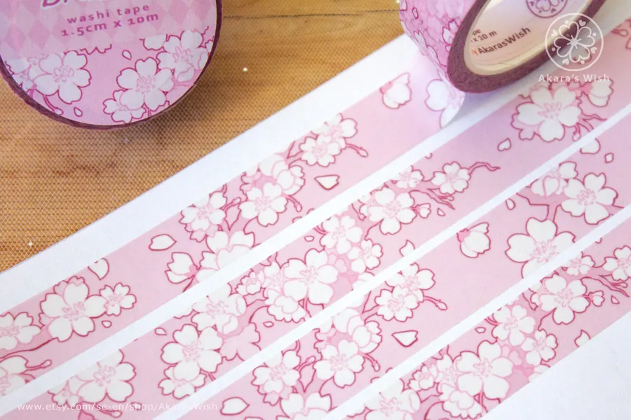 Washi Tape Pink Sakura Branches 15 mm for planners bullet journals scrapbook stationary decorative cherry blossom Japanese flower deco