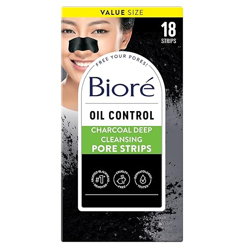 Biore Charcoal Deep Cleansing Pore Strips, Nose Strips for Blackhead Removal on Oily Skin, Features C-Bond Technology with Instant Pore Unclogging, 18 Count - 18 Count (Pack of 1) - Charcoal Pore Strips