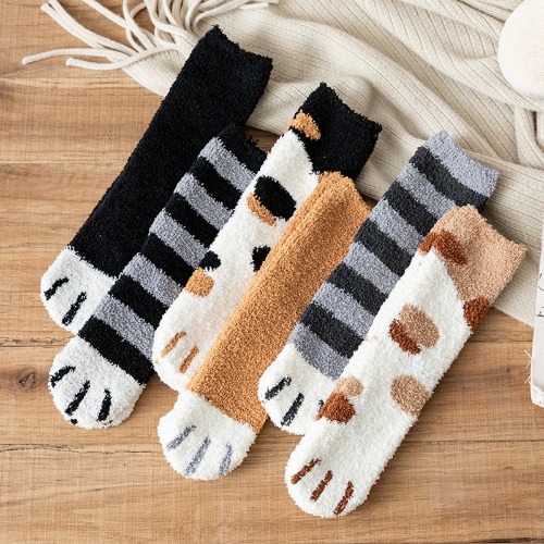 Warm Cat Paw Socks, Fuzzy Kawaii Winter Claw Socks, Thick Coral Fleece Sleeping Socks - 6 x Multicolor Socks