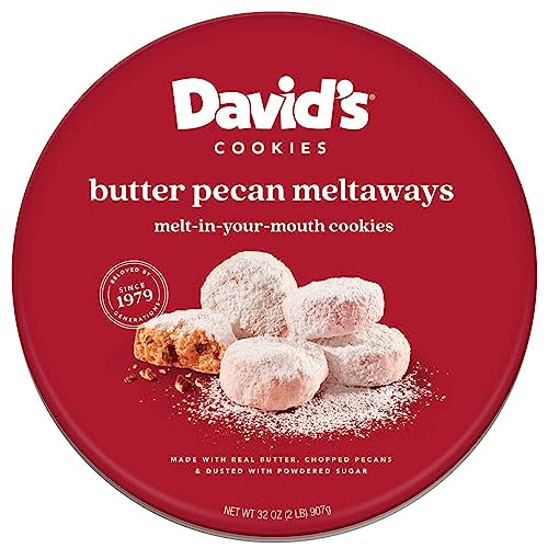 David’s Cookies Gourmet Butter Pecan Meltaway Cookies Gift Basket – 32oz Round Tin Butter Cookies with Crunchy Pecans and Powdered Sugar – All-Natural Ingredients – Kosher Recipe – Ideal Gift for Corporate Birthday Fathers Mothers Day Get Well and Other Special Occasions - Butter Pecan Meltaway
