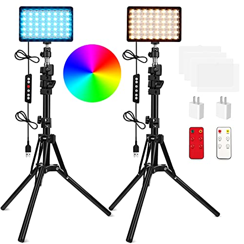 QEUOOIY 2 Packs RGB LED Video Light with Adjustable Tripod Stand/White Filters, Dimmable 2500-6500K USB Video Conference Lighting Kit for YouTube Photography/Game Zoom Live, Streaming,TikTok, 1.6M - 62.99 In Tripod Stand