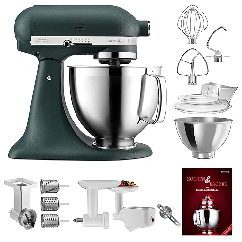 KitchenAid Küchenmaschine Artisan - P22 Multi Set Deluxe 185er (AK) - 5KSM185PSEPP inkl. Gemüseschneider (MVSA), Fleischwolf (5KSMFGA), Pürieraufsatz (5KSMFVSP) und Kochbuch (Kochen & Backen)