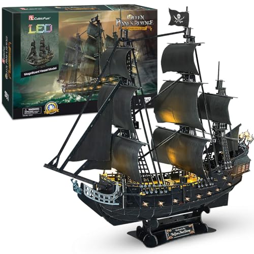 CubicFun 26.6'' LED Pirate Ship 3D Puzzle - Large 3D Puzzles Model Kits for Adults - 340 Pieces