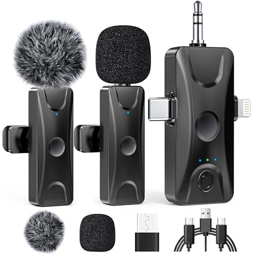 Wireless Lavalier Microphone for iPhone Android: Mini Lapel Mic with Intelligent Noise Cancelling, 48kHz/16bit, 100ft Range, for Camera, PC, Laptop, Video Recording, Streaming, Interview, Vlogs