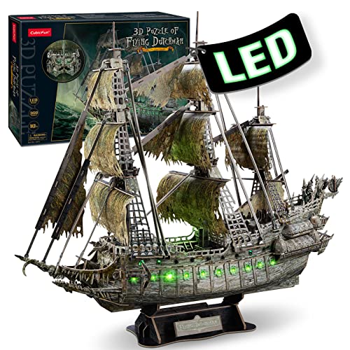 CubicFun 3D Puzzles for Adults Crafts for Adults Gifts for Men Women Green LED Flying Dutchman 360 Pieces Pirate Ship Family Games Birthday Gifts for Men, Lighting Ghost Ship Room Decor Model Kits - LED Flying Dutchman