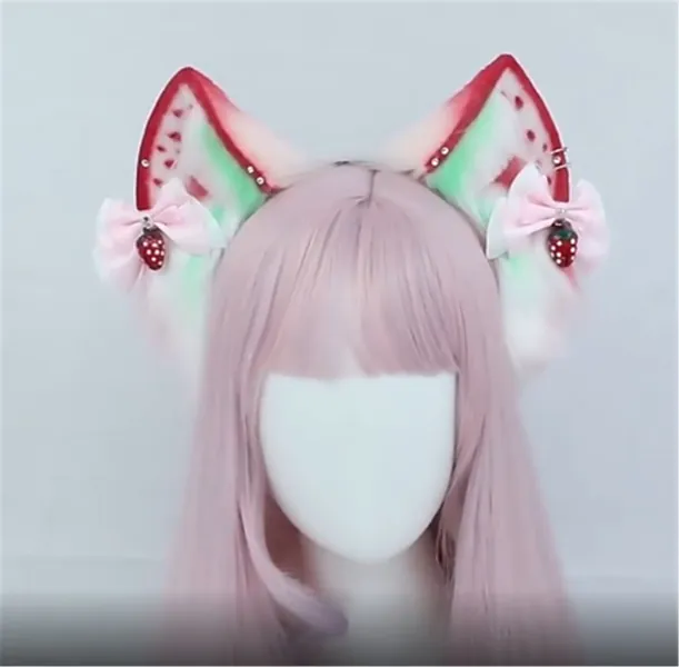 Strawberry Cat Ear Headband With Strawberry Bell, Handmade Furry Cat Ear, Lolita Cosplay, Kitten Ear Cosplay, Kawaii Kitten Ear.