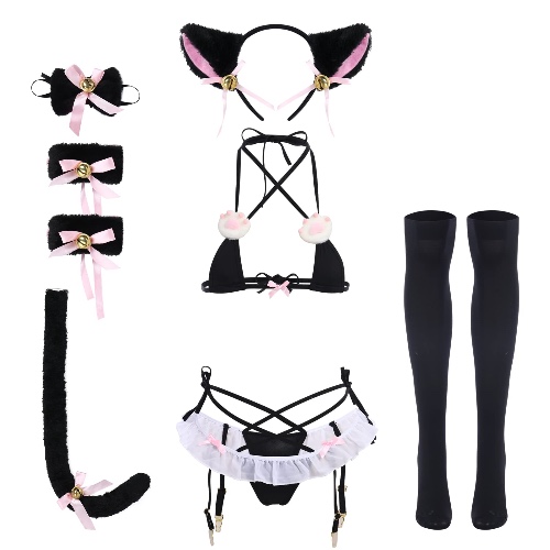 Women's Cute Anime Kawaii Cat Kitten Cosplay Strappy Lingerie Halter Micro Bra Panty Headband Garter Stockings Set