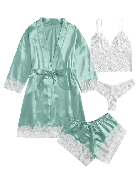 WDIRARA Women's 4 Pieces Satin Floral Lace Cami Top Lingerie Pajama Set with Robe - Medium Mint Green