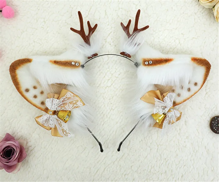 Deer Ears and Antlers Headband, Deer Ears with Bows and Bells, Handmade Furry Ears, Lolita Cosplay, Animal Ear Cosplay, Petplay Costume.