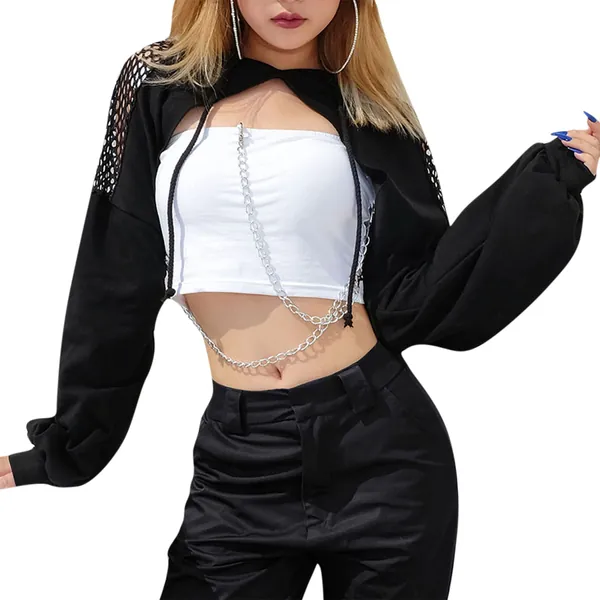Suillty Women's Sexy Fishnet See Through Long Sleeve Pullover Crop Top Hoodie