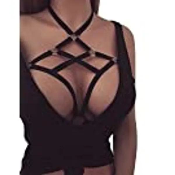 LSVTR Women Harness Elastic Cupless Cage Bra Hollow Out Strappy Crop Top
