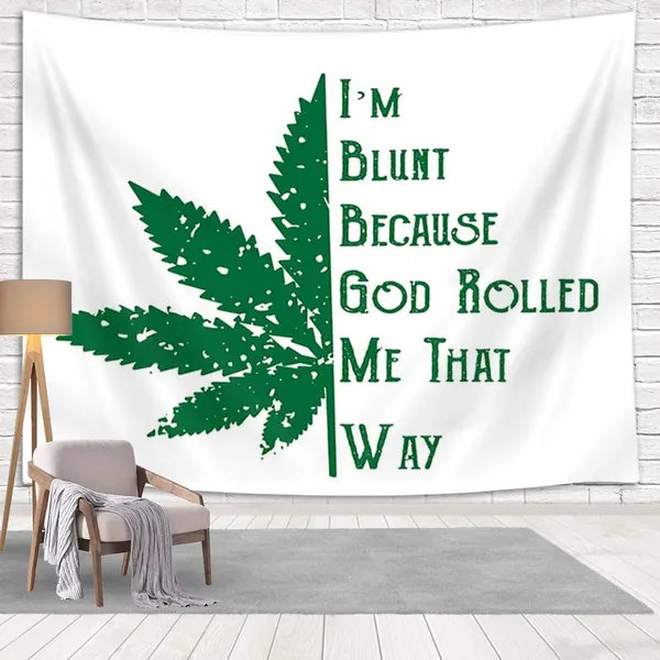 NYMB Psychedelic Black and White Hippie Trippy Cannabis Leaves Tapestry Wall Hanging, Marijuana Weed Leaf with Quotes I am Blunt Because God Rolled Me Tapestry for Bedroom Living Room Dorm, 71X60in